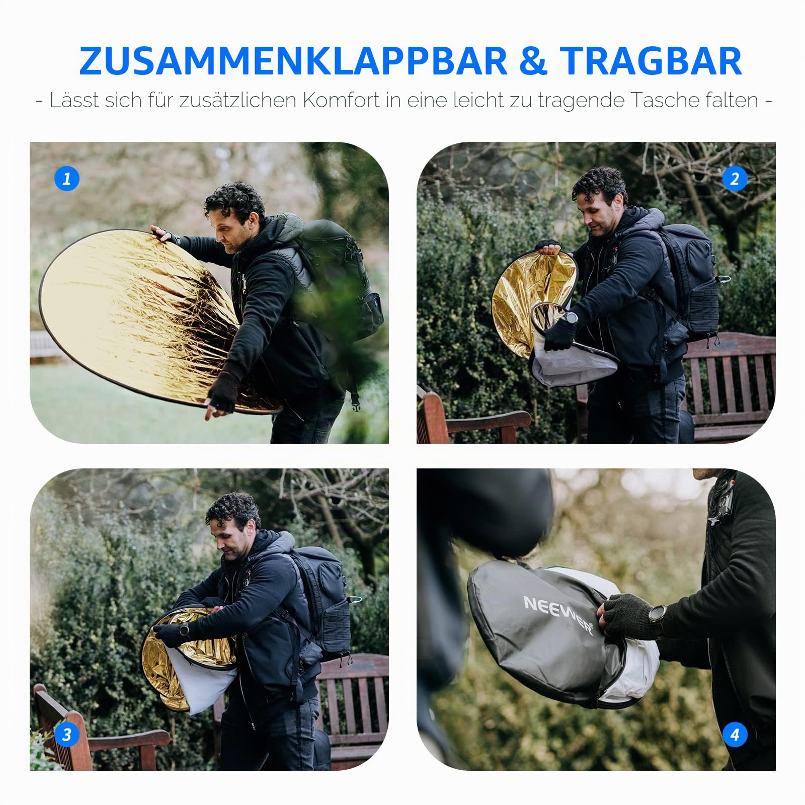 NEEWER 43"/110cm Lichtreflektor Lichtdiffusor 5 in 1 zusammenklappbare Multischeibe mit Tasche durchscheinend, Silber, Gold, Weiß und Schwarz für Studio Fotografie Beleuchtung und Außenbeleuchtung