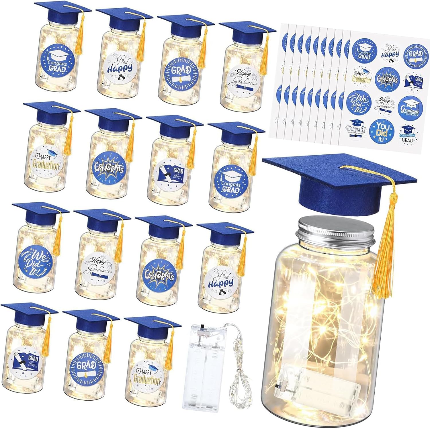 12Set Graduation Table Decorations Felts Grad Hat Masons Jar with LED Light Up Decorations Grad Party Supplies LED Light Up Lighted with Cap Class