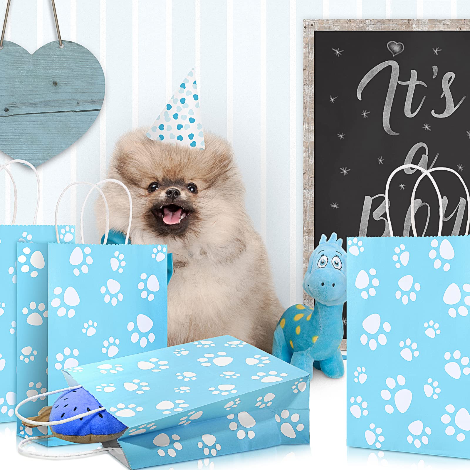 Blulu 20 Pcs Puppy Dog Paw Gift Bags with Paper Twist Handles, Dog Gift Paper Paw Treat Goodie Bags for PET Treat Party Favor, 6.3 x 3.1 x 8.6 Inch(Blue Backing)