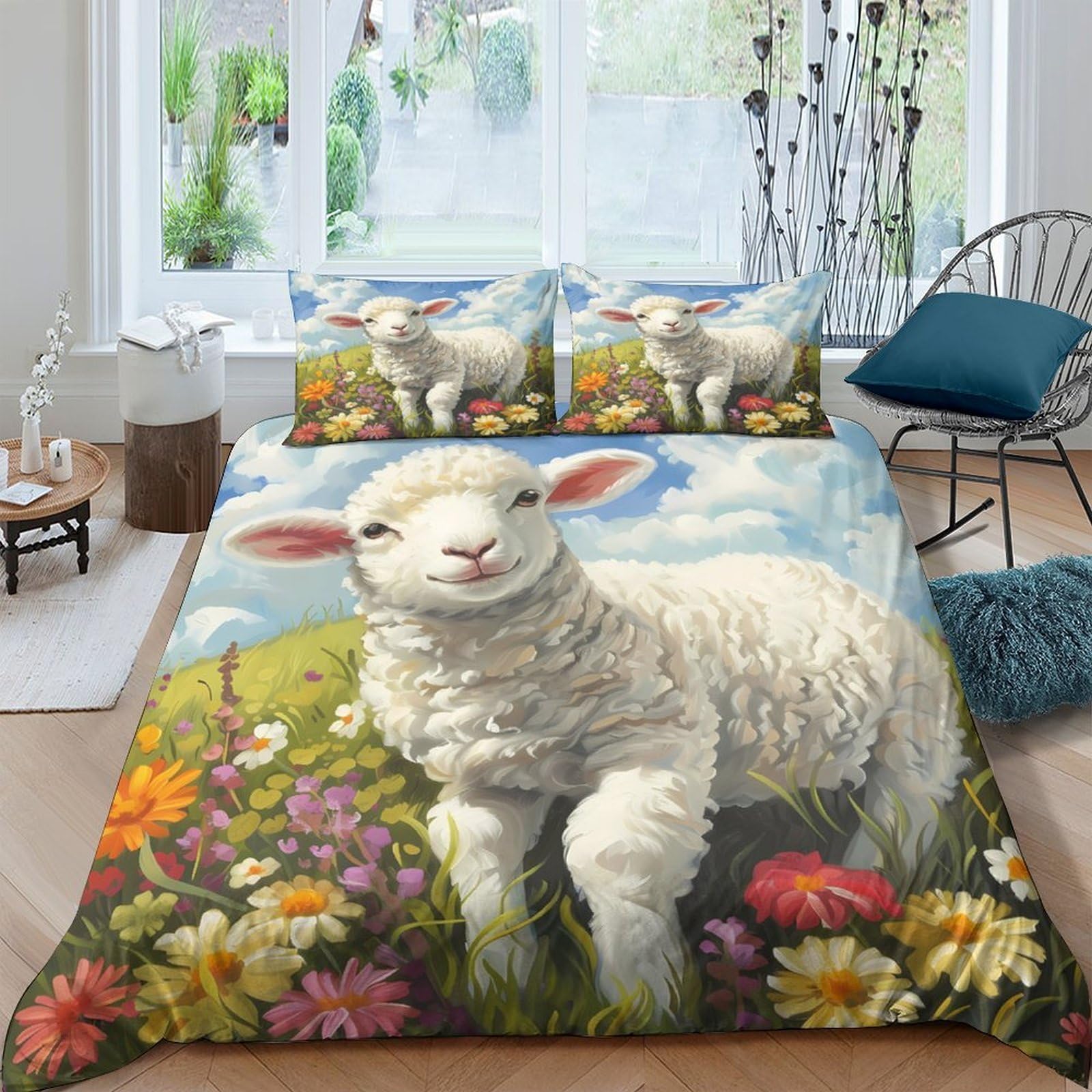 Ctjqhvkz Style-8 3D Printed Lamb Meadow Fitted Sheet Microfiber Soft Floral Sheep Bed Cover For Bedroom Guest Room Mattress Decor Single（135X200cm）