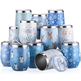Honeydak 24 Pcs Christmas Wine Tumbler Set Bulk 12 Oz Stainless Steel Double Wall Vacuum Insulated Coffee Mug Stemless Wine Glasses With Lid Straw Brushes for Gifting (Blue Snow,Winter)