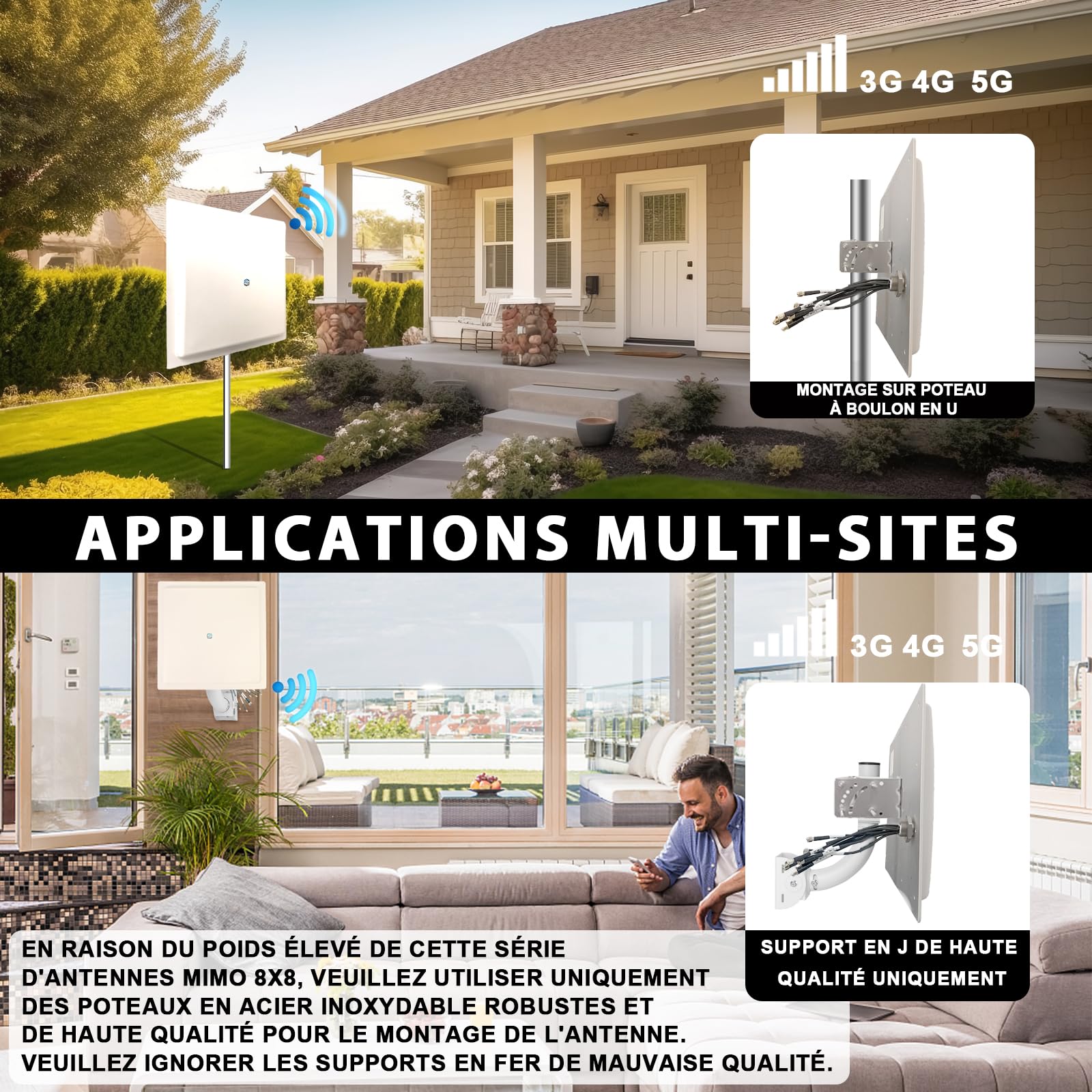 Maswell Antenne extérieure 8 x 8 MIMO 4G LTE 5G, 600-8000 MHz, antenne externe à gain élevé 10 dBi avec câble coaxial professionnel équivalent LMR240 pour T-Mobile, Verizon, AT&T, WiFi 7 Ready