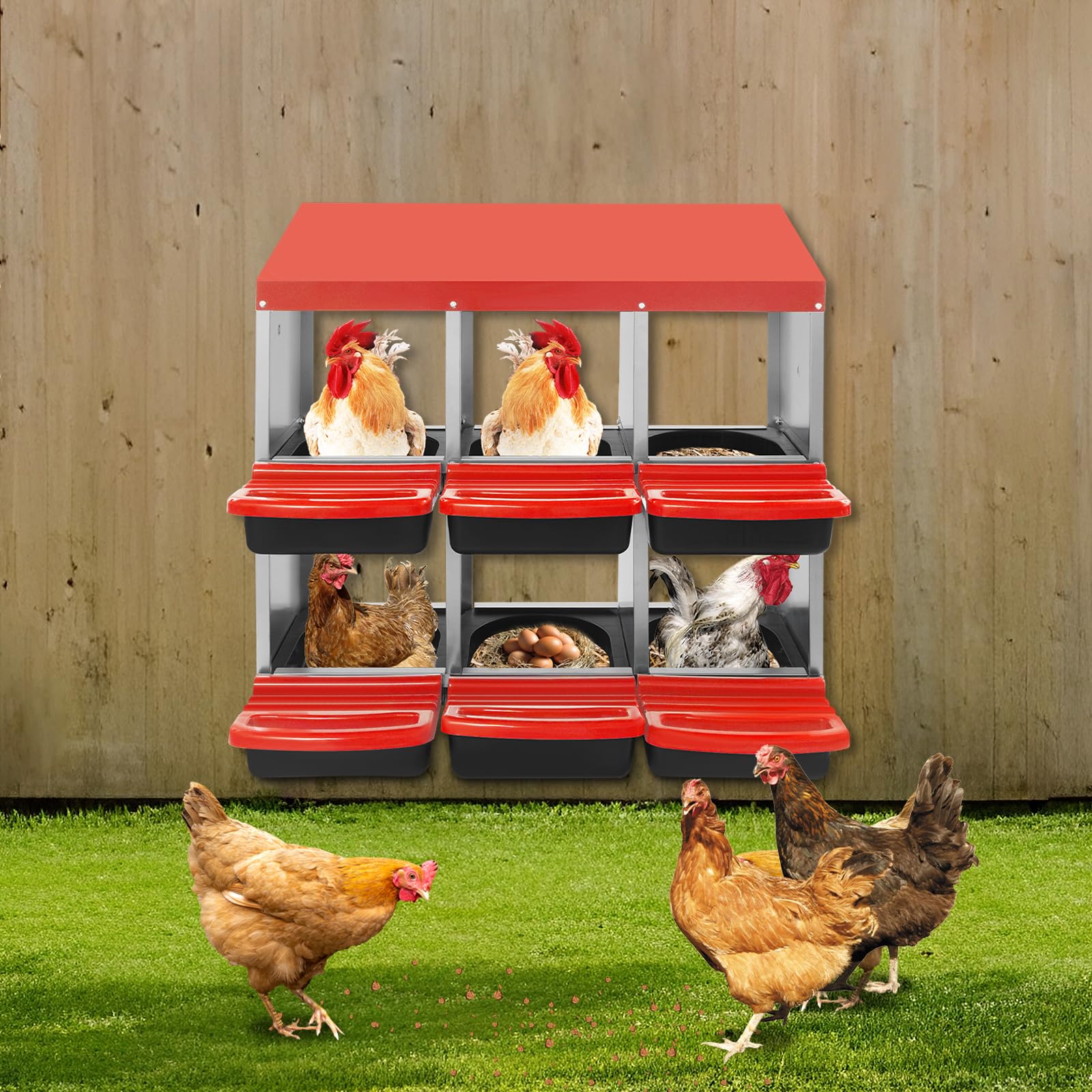 Nido de colocación para gallinas montado en la pared | nido de rodadura para gallinas | nido de pollo | 6 compartimentos nido de pollo para gallinas, patos y otras aves de corral, rojo, 81 x 52 x 79