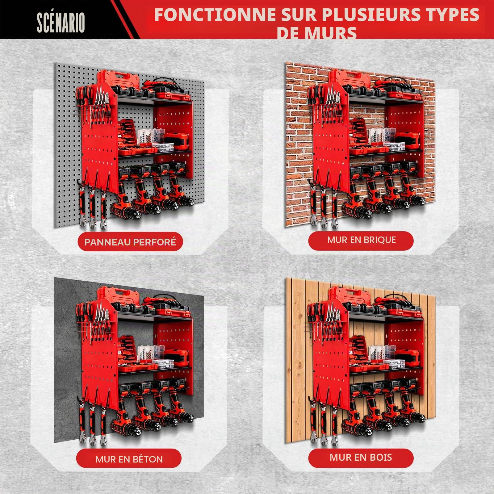 Support mural à 4 niveaux, rangement pour 4 outils électriques, perceuse à percussion, porte-outils pour garage et atelier, rouge