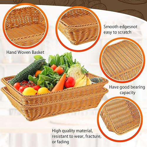 Miniatura 10 de 10 cestas de pan tejidas de mimbre de polietileno, bandeja de frutas de ratán de imitación, apilables, rectangulares, cestas de alimentos para