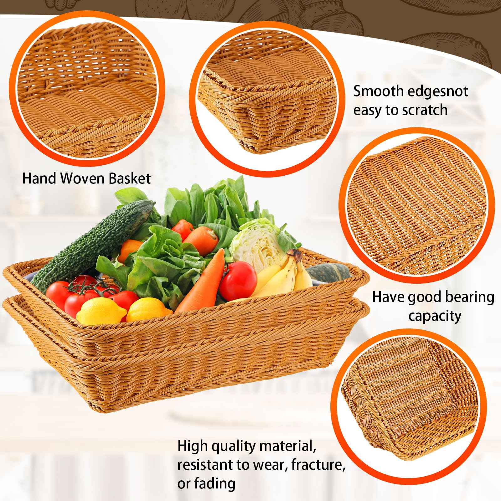 Tioncy 10 cestas de pan tejidas de mimbre de poliéster de imitación de ratán, cesta de frutas apilable, cestas rectangulares para servir alimentos, almacenamiento, cocina, restaurante, hogar, verduras
