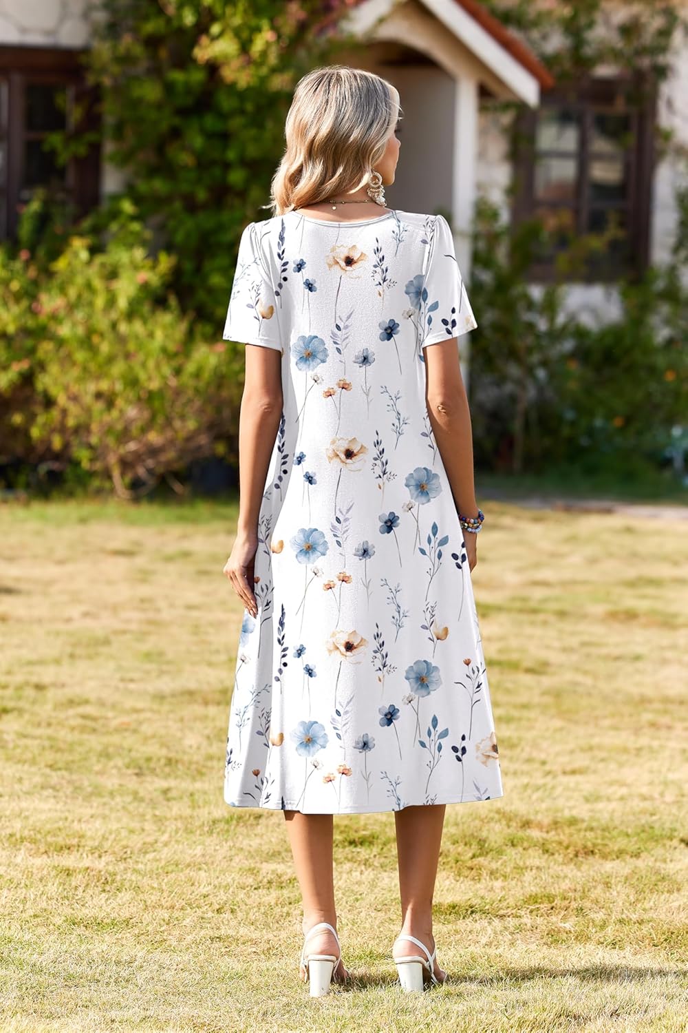 Zeagoo Womens Casual Dresses for Summer Short Sleeve Flare Midi Dress Loose Beach Sundress Pleated Front Dress with Pockets - Image 6