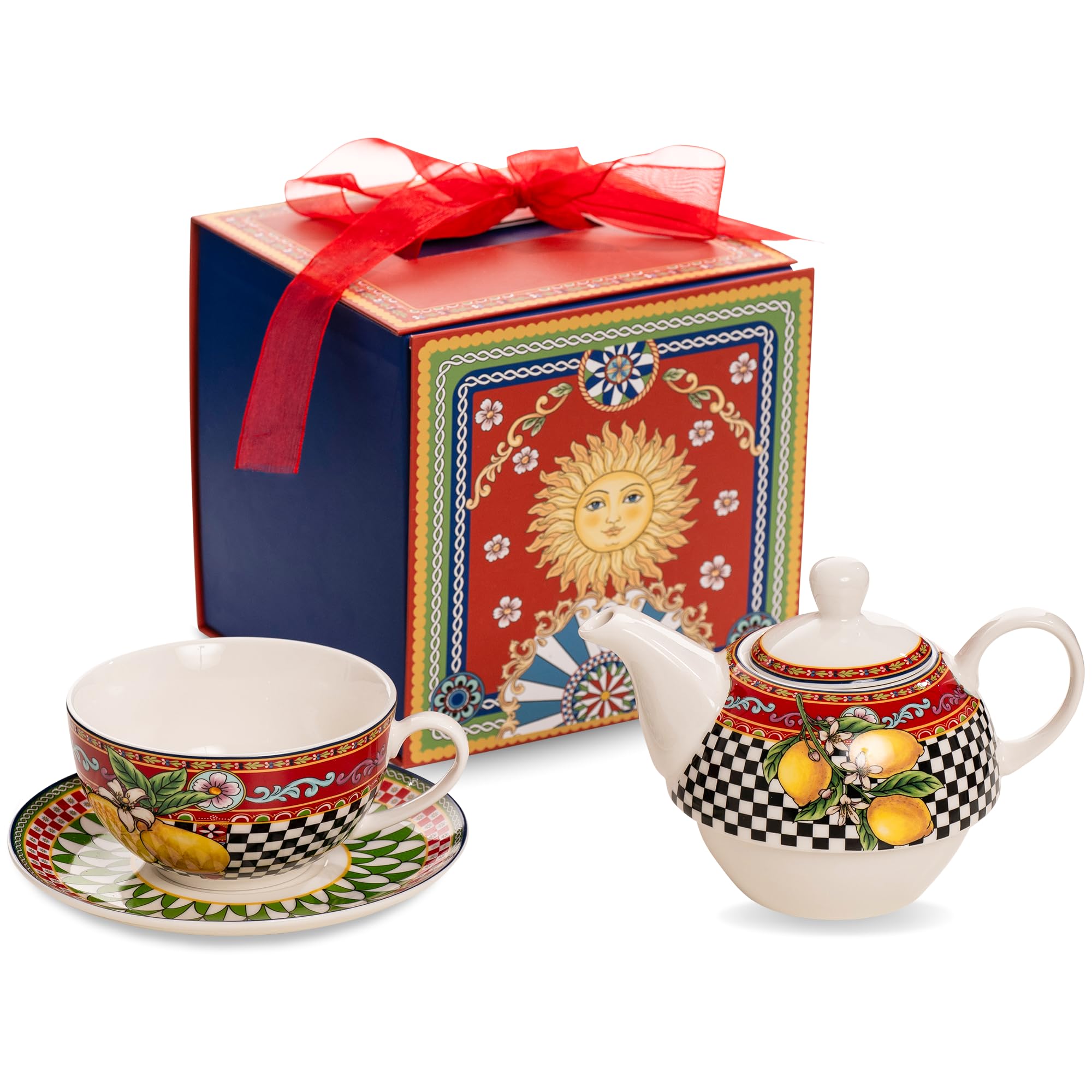 Juego de té de cerámica con tetera, taza y platillo rojo para decoración mediterránea