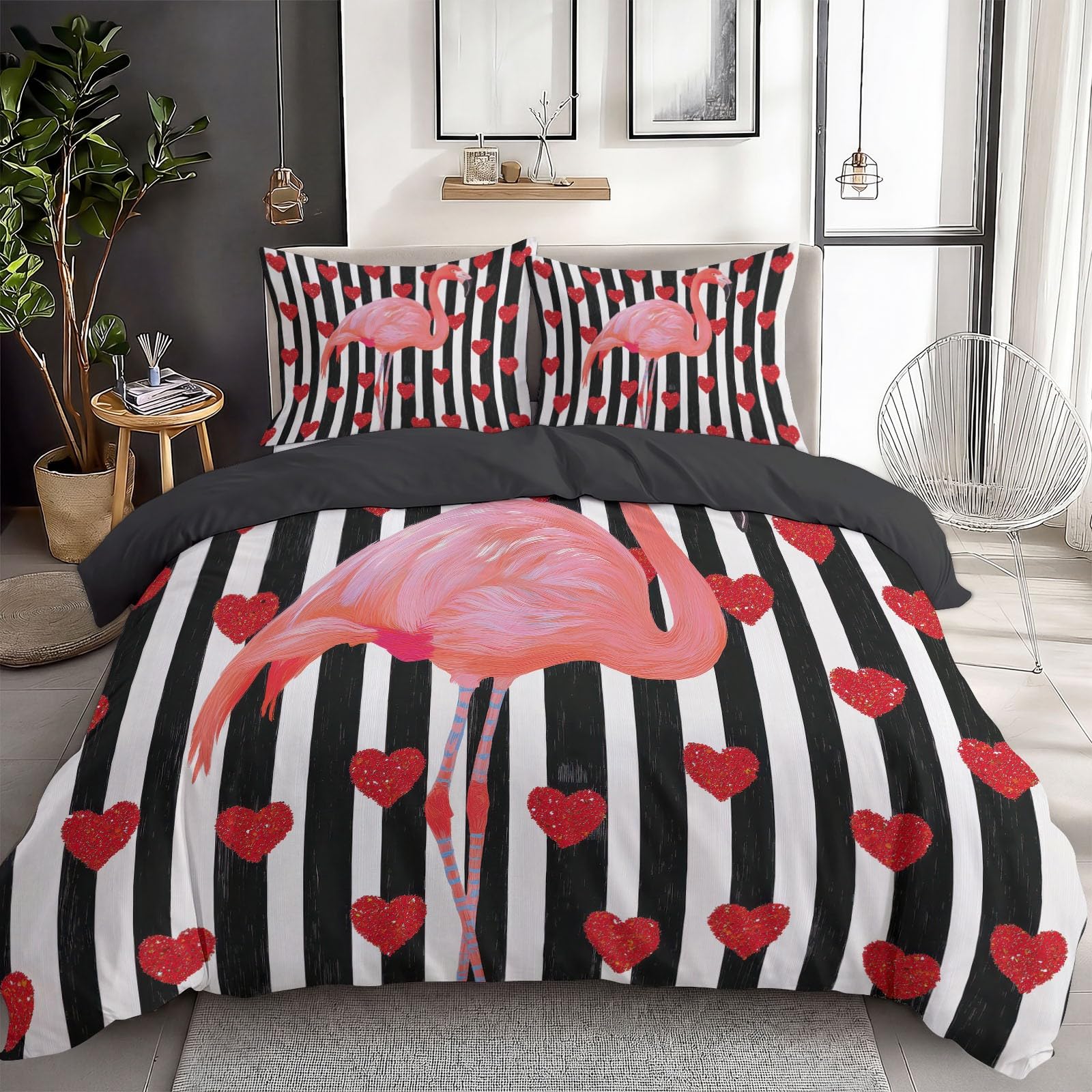 Flamingo Pościel w kształcie serca, 200 x 220 cm, czarna, poszwa na kołdrę z zamkiem błyskawicznym, nowoczesna pościel dwustronna, z mikrofibry, oddychająca, zestaw pościeli z zamkiem błyskawicznym i