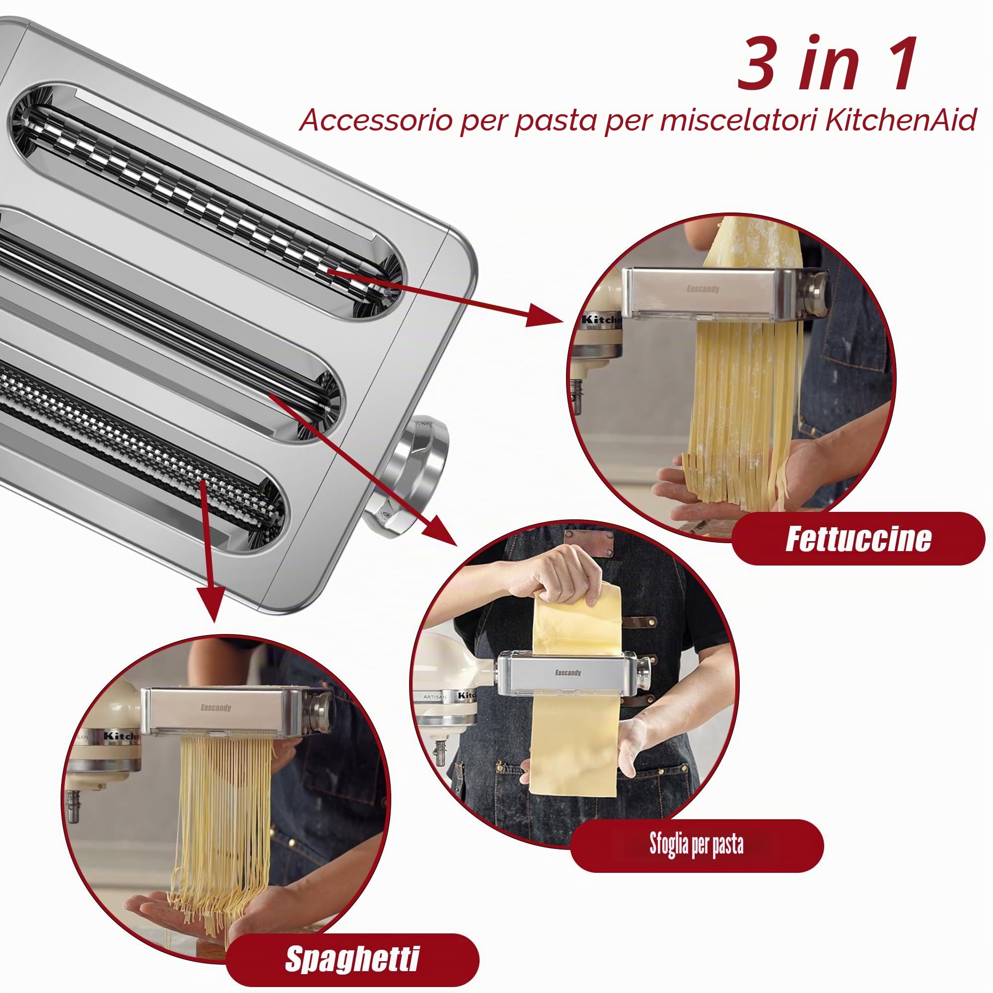 Accessorio per macchina per la pasta interamente in metallo per KitchenAid, accessorio per pasta 3 in 1 per planetaria KitchenAid, accessorio per sfogliatrice per pasta fresca regolabile a 8 velocità.