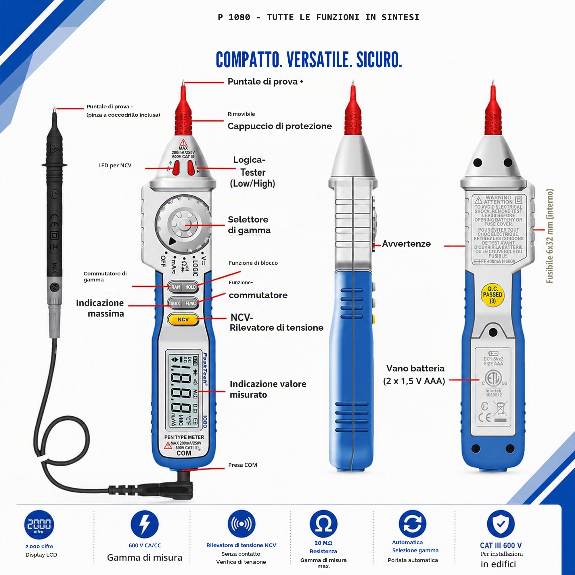 PeakTech 1080 - Multimetro a penna, Tester di tensione digitale NCV con display a LED, Voltmetro, Amperometro elettronico, Tester di continuità, AC/DC, 2000 conteggi - Max. 600 V