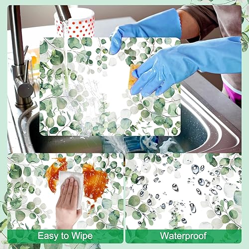 Miniatura 3 de Juego de 6 manteles individuales de plástico con hojas de eucalipto primaverales, manteles individuales de hojas de acuarela de verano, lavables,
