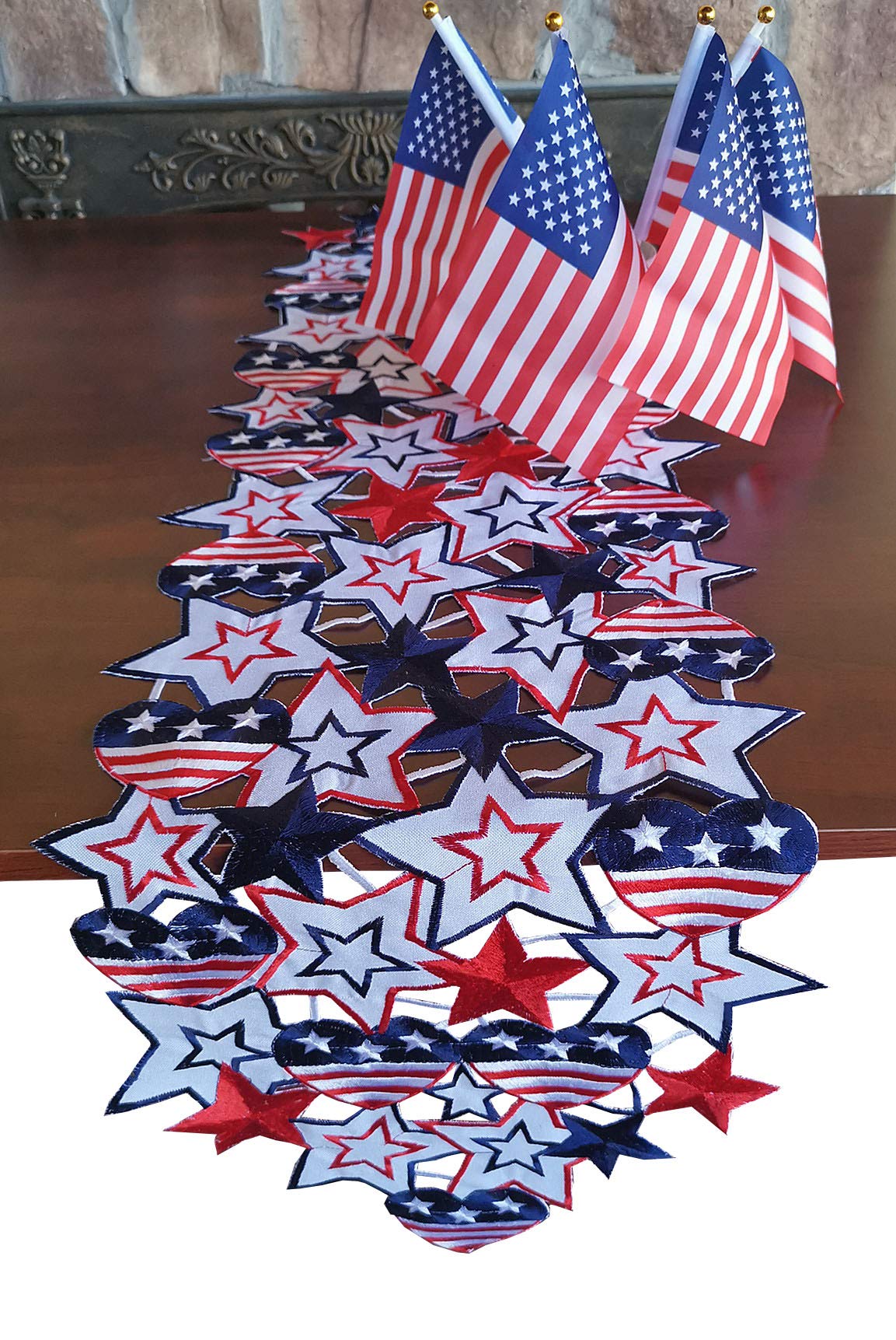 GRANDDECO Holiday Patriotic Table Runners,Embroiderd Cutwork Blue&Red Stars Dresser Scarf for American Independence Day, Memorial Day Holiday Tabletop Decoration (Runner 13"×54", Star-1)