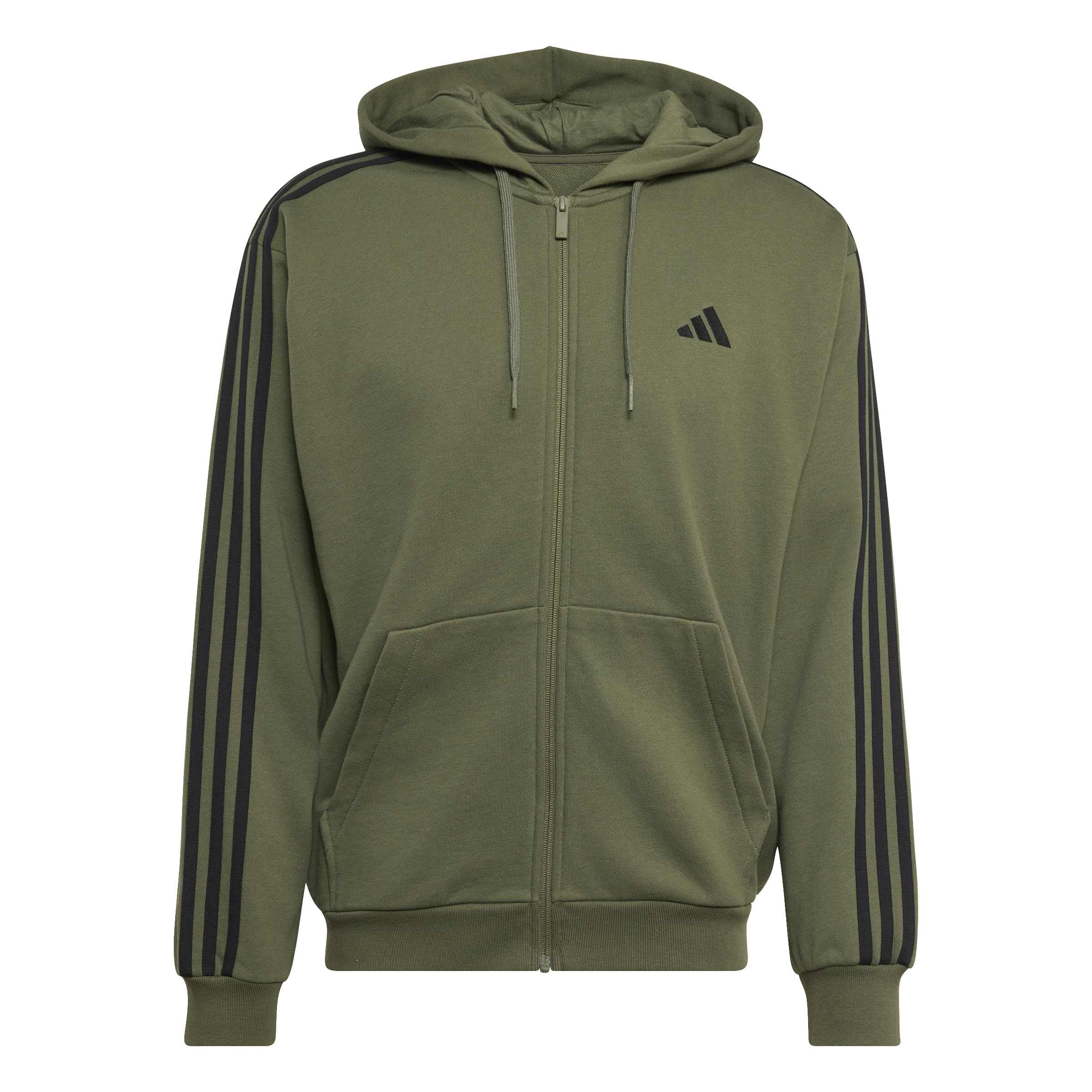 adidas Mezczyzni Essentials 3-Stripes French Terry Full-Zip Hoodie Sweatshirt, Olive Four/black, S