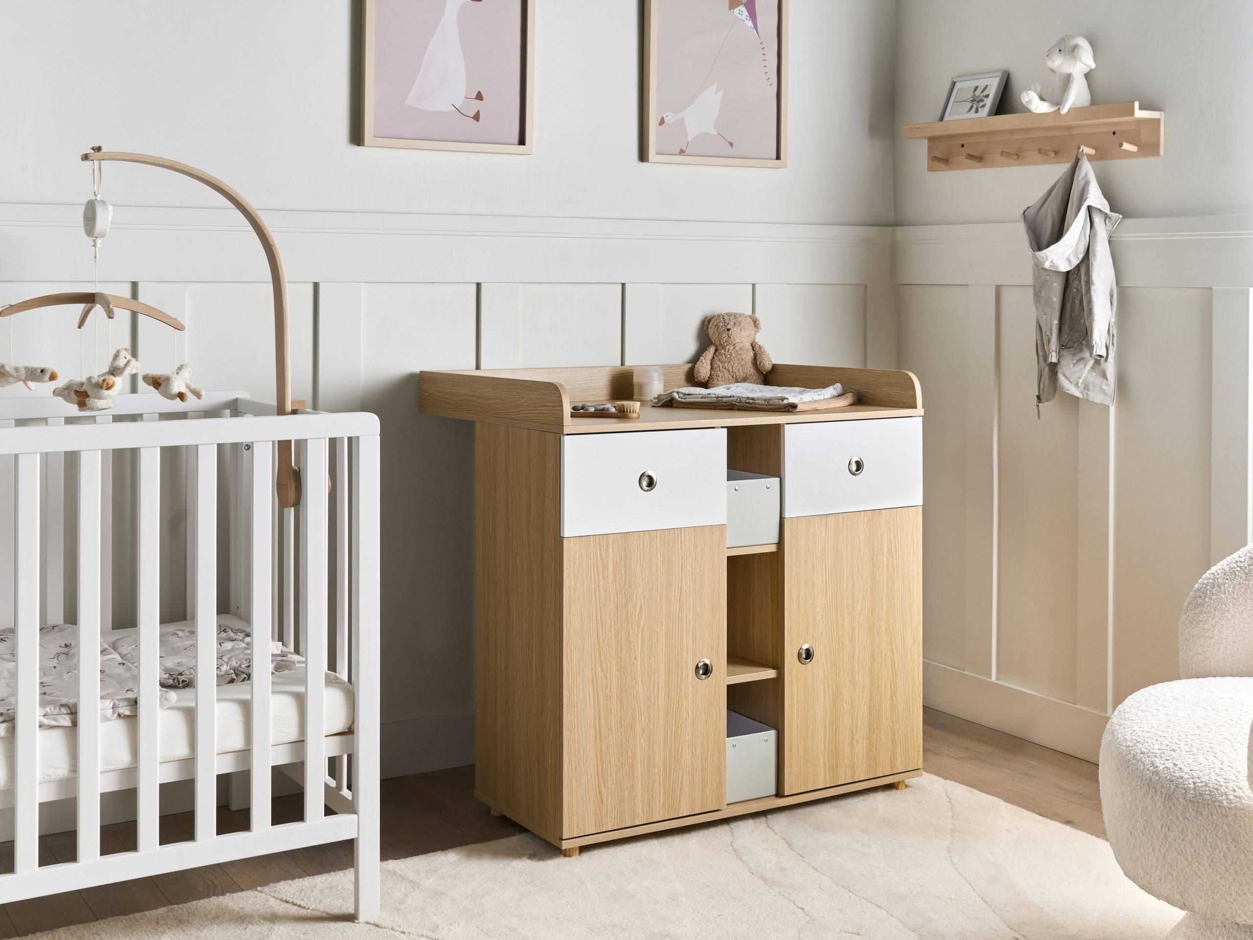 Beliani Baby Wickeltisch Schrank Holzoptik braun 69x90x90 cm 2 Schubladen 3 Fächer 2 Türen