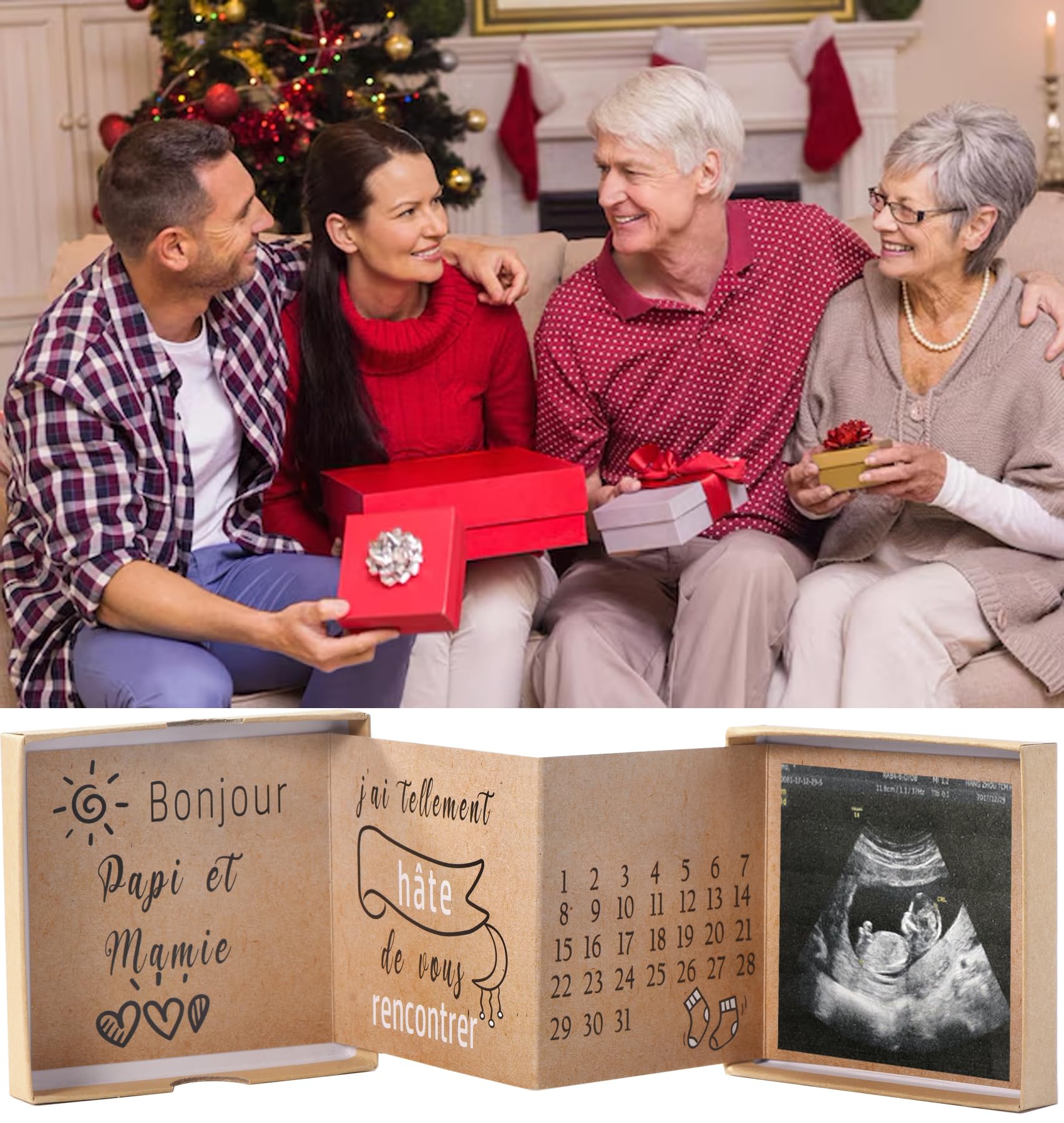Carte Dépliante Surprise Annonce Grossesse Future Grand-Parents avec Photo Échographie Calendrier Naissance