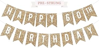 Pre-Strung Happy 60th Birthday Banner - NO DIY - Gold Glitter 60th Birthday Party Banner For Men & Women - Pre-Strung Garland on 6 ft Strands - Gold Birthday Party Decorations & Decor. Did we mention no DIY?