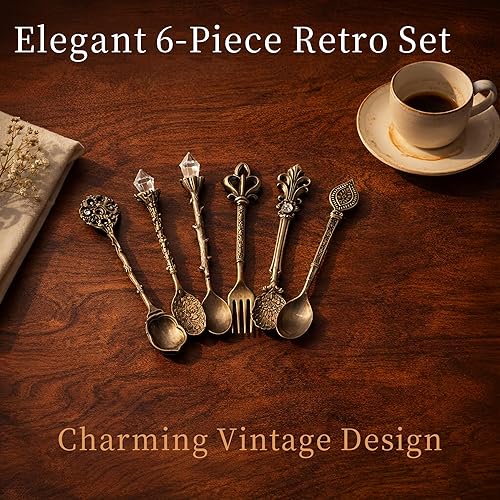 Miniatura 5 de Zerodis Juego de 6 cucharaditas innovadoras, vintage, retro, de aleación de zinc, juego de tenedores, pastel de azúcar, helado, cubiertos, Bronce