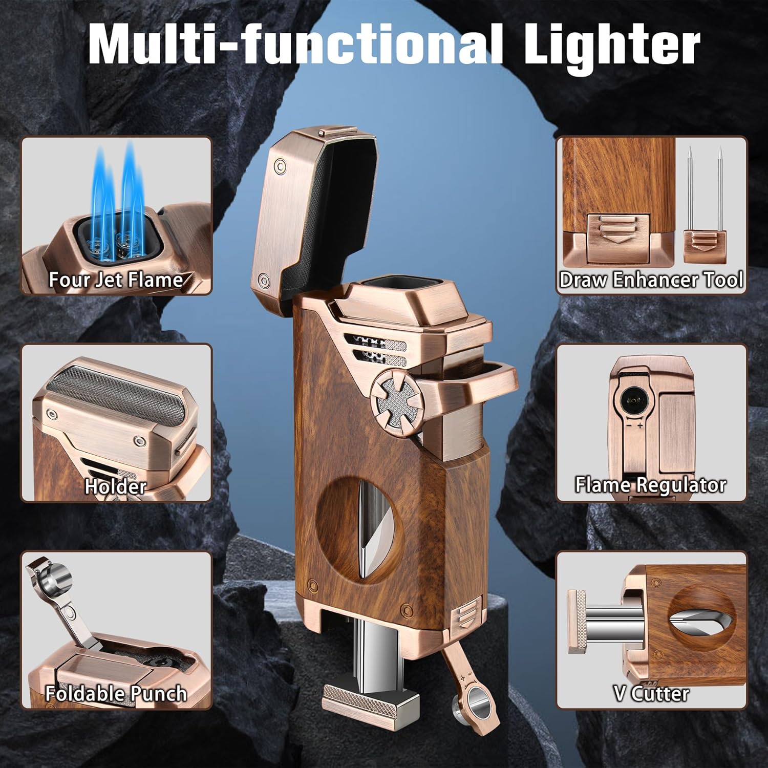 5-in-1 Torch Lighter with V Cutter Holder Punch and Draw Enhancer Tool,Four Windproof Jet Flame Multi-Functional Lighter,Refillable Butane Lighter with Gift Box for Men Mahogany,Without Butane
