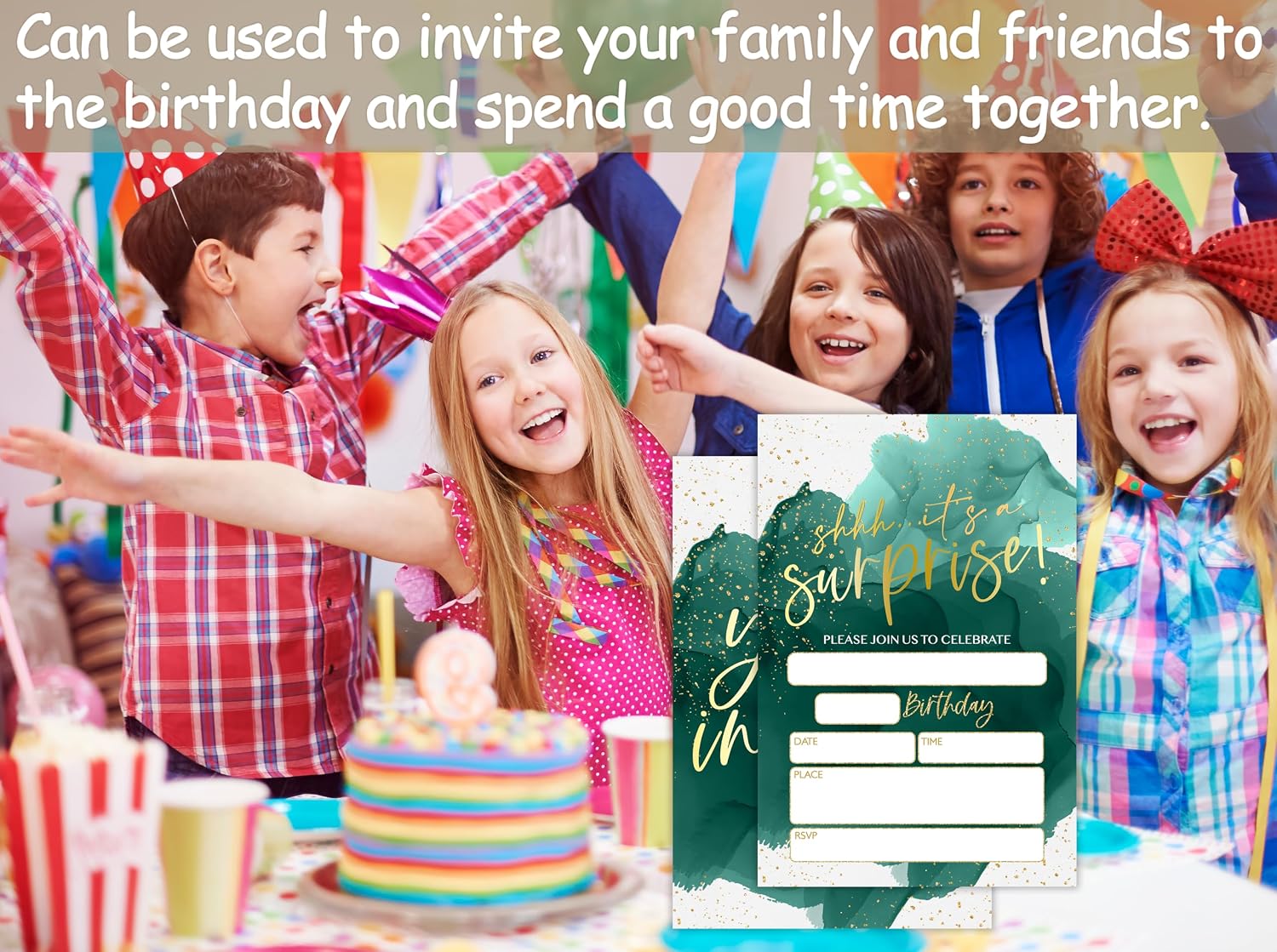 Birthday Party Invitations, Shhh It's a Surprise Glod Glitter Birthday Invitations Cards With Envelopes, Watercolour Green Birthday Invites For Girls Boys Kids Adults, 25 Cards -d01