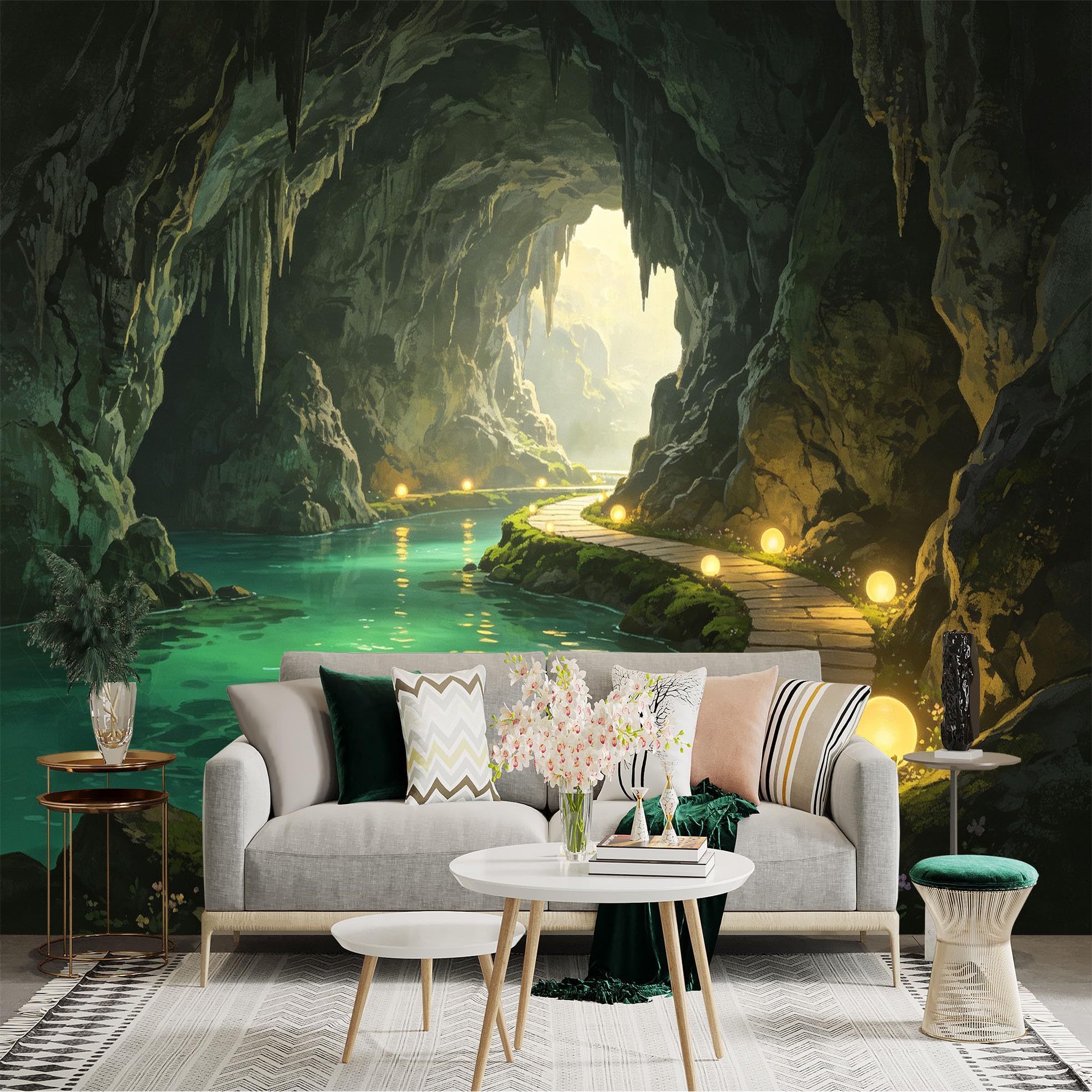 Custom Size Wall Sticker Mural， Enchanted Underground Cave， Glowing Stones and Crystal Water， Peaceful Nature Scenery， for wall Decoration， peelandstick wall Decals.