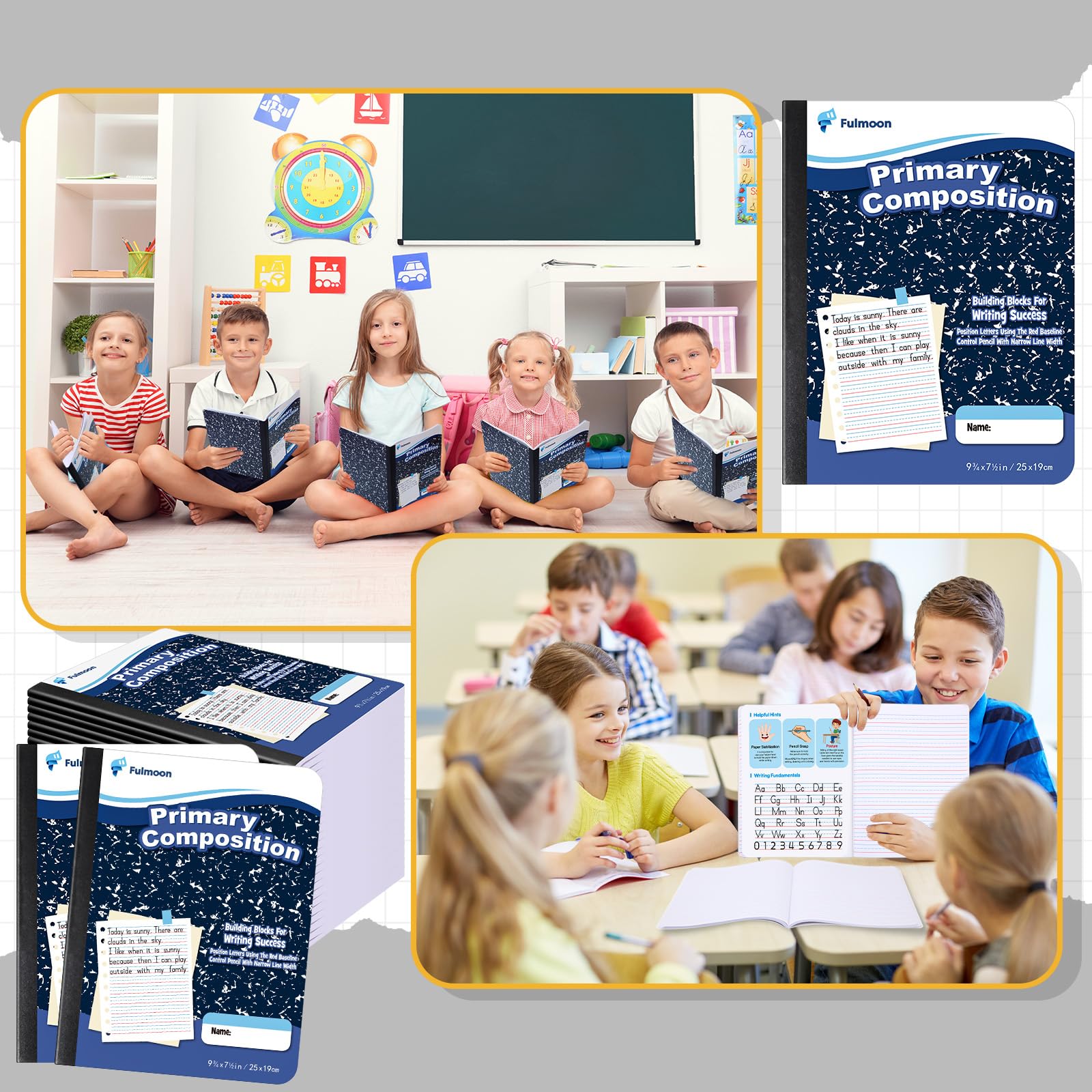 Fulmoon 24 quaderni per composizione primaria, 24 x 19,5 cm, 80 pagine, K-2, a righe, per scrittura primaria, libro di composizione per bambini, asilo, scuola materna, 1° 2° grado (colore blu)