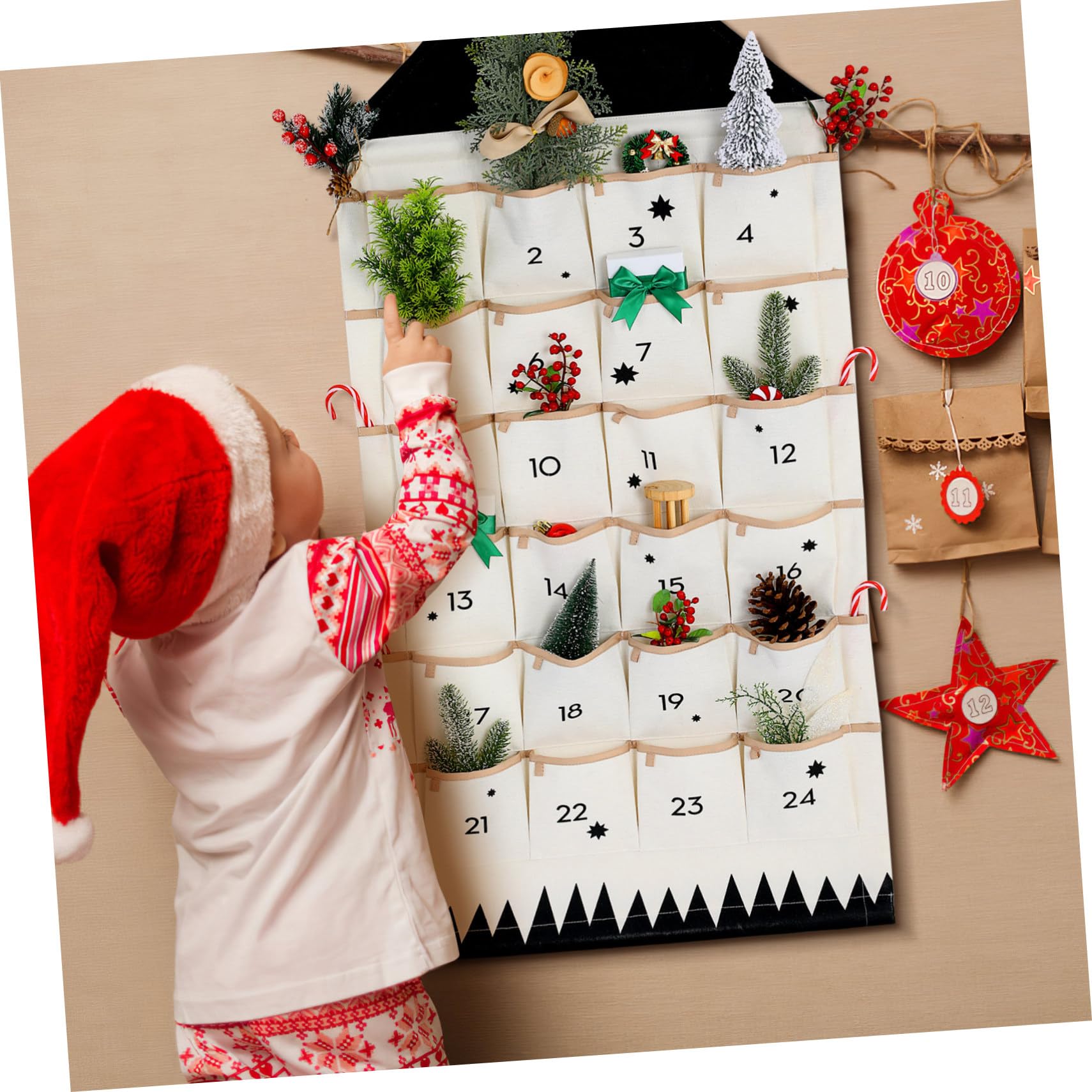 VALICLUD Adventskalender zum Befüllen Weihnachten Kalender Stoff Wandkalender mit 24 Taschen Hausform Hängetasche Atmungsaktiv Waschbar 110x50cm