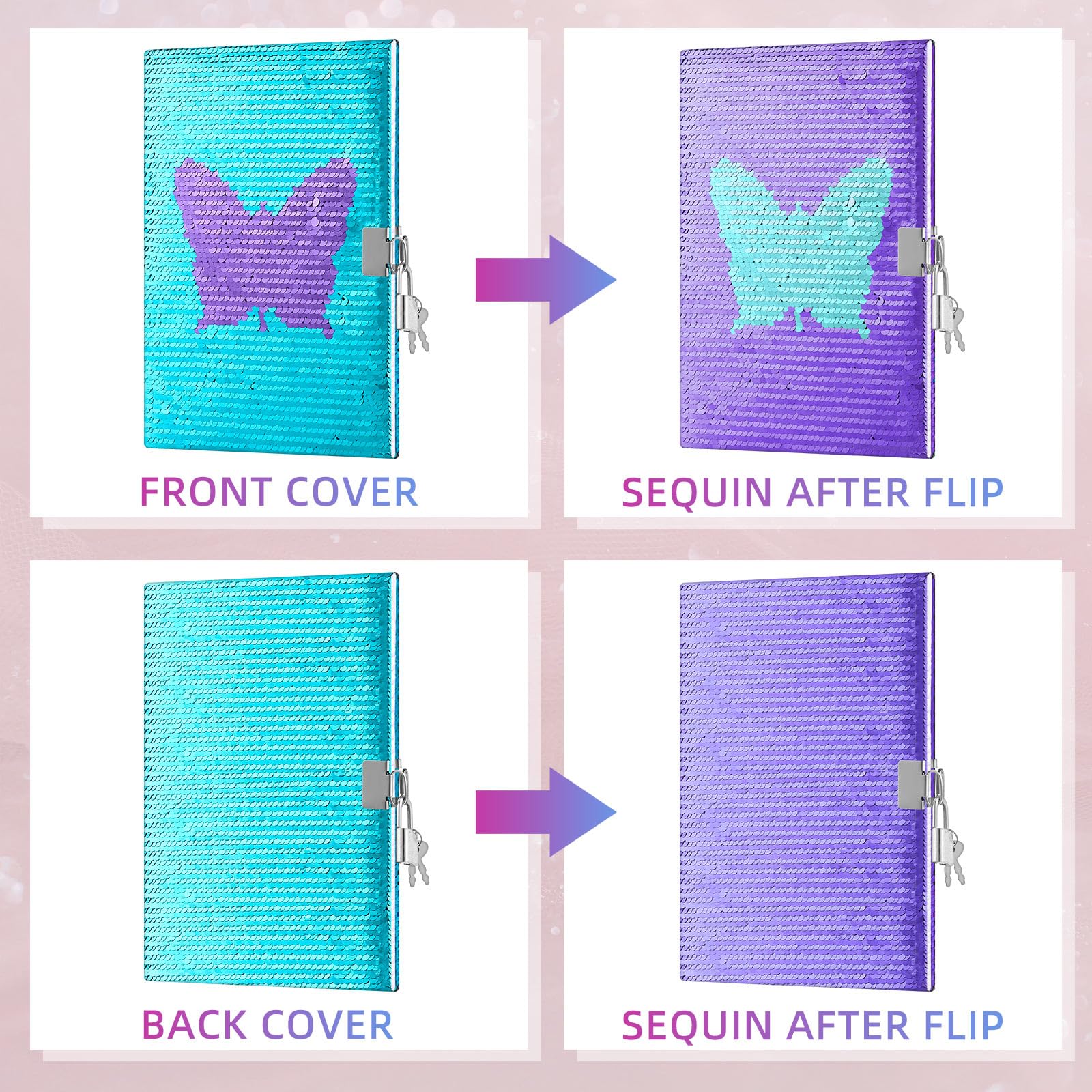 Tenceur 4 quaderni con paillettes con serratura e chiave, diario reversibile con paillettes per ragazze, diario di viaggio a righe, diario segreto, per adolescenti, regalo di compleanno, Halloween,