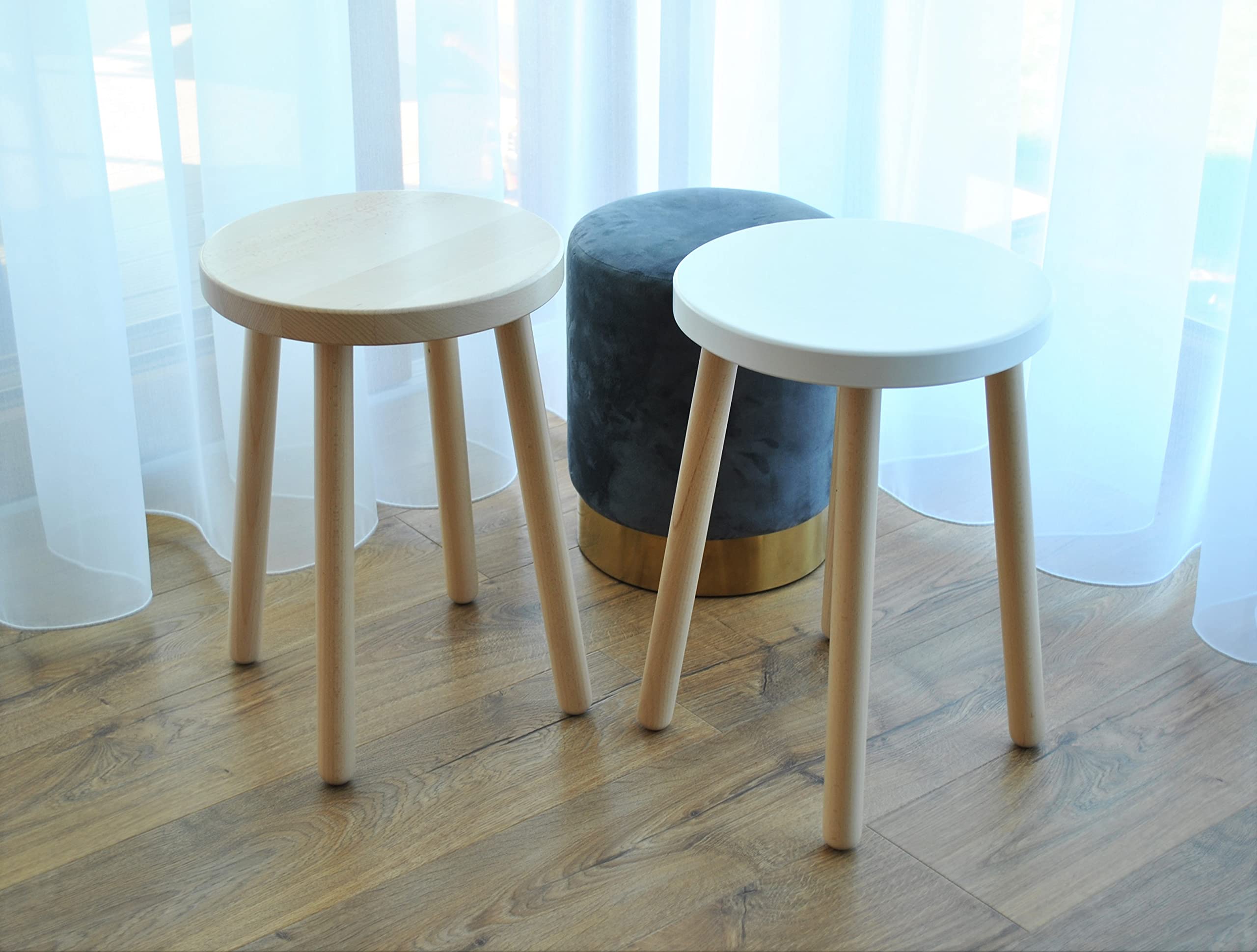Spec-Wood Tabouret en Bois - Table Basse et Support de Fleurs - Décoration et Support pour Plantes - Rond - Blanc/Hêtre Naturel