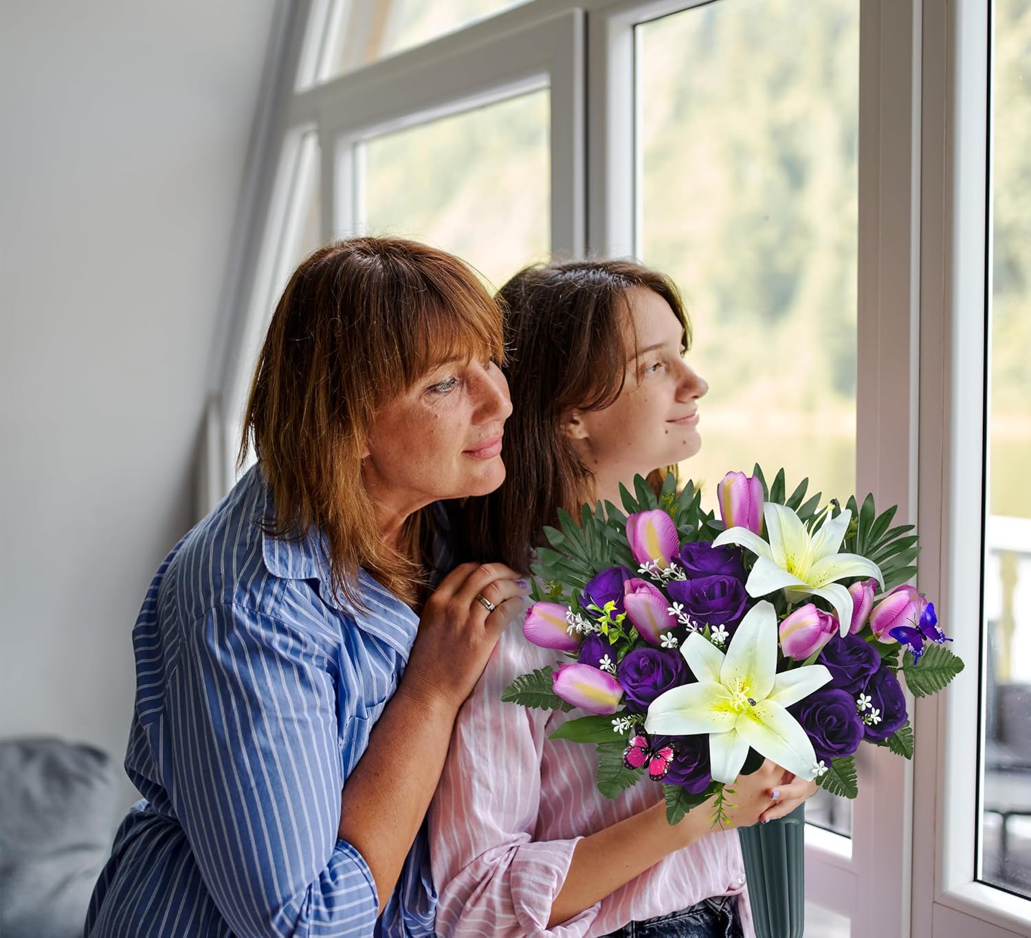 Cemetery Flowers with Vases for Grave Decor, Silk Lily Rose Tulip Headstone Flower,Tombstone Flower - Bright and Colorfast,Purple/White,2 Lovely Butterflies Included