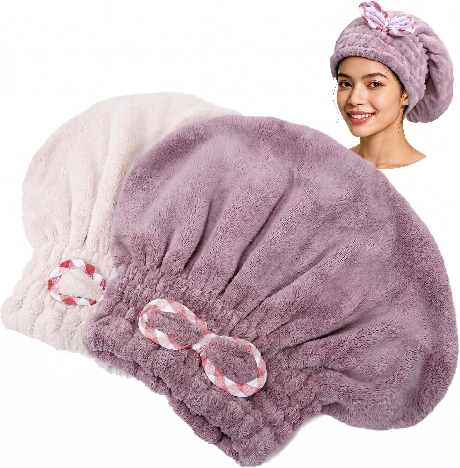 2 Pack Microfiber Coral Fleece Hair Towels, Quick Dry Absorbent Hair Drying Caps, Soft Lightweight Turbans for Bath Spa Shower, 9.8x11.8 inch, Purple & Khaki