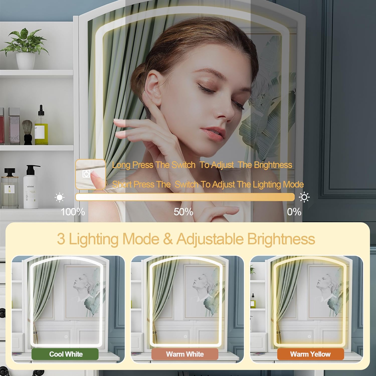 Make Up Vanity With Multiple Drawers 6, Makeup Desk 3 Color Lighting Modes With Adjustable Brightness,Vanities With Led Lights With Slide Mirror, Vanity Mirror With Lights Desk And Chair Bedroom White