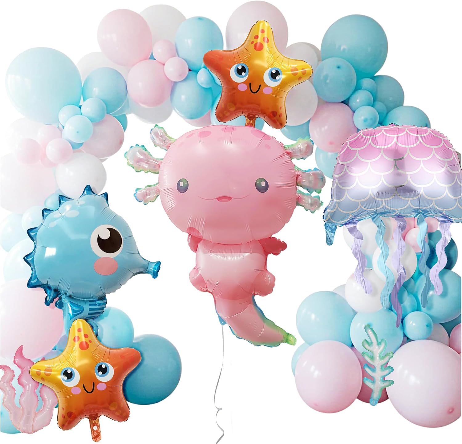 127pcs Axolotl Balloon Garland Kit Under The Sea Party Decorations - Giant Axolotl, Jellyfish Foil Balloons - Pink Blue Pastel Decor for Baby Shower, Kids Birthday Supplies