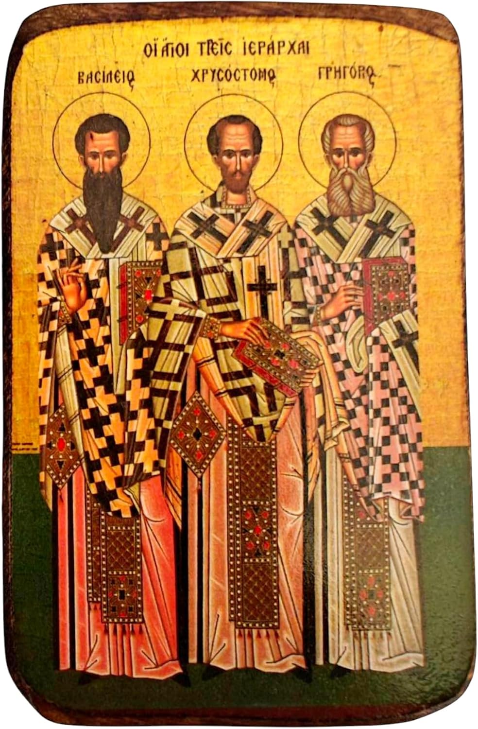 Wooden Greek Christian Orthodox Icon of The Three Hierarchs – Saint Basil, Saint Gregory & Saint John – Handmade Religious Wood Icon – 3.5x2.7 in / 9x7 cm / A0