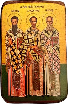 Wooden Greek Christian Orthodox Icon of The Three Hierarchs Saint Basil, Saint Gregory & Saint John Handmade Religious Wood Icon 3.5x2.7 in / 9x7 cm / A0