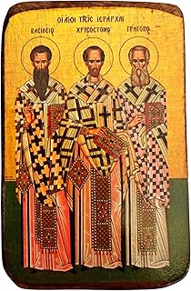 Wooden Greek Christian Orthodox Icon of The Three Hierarchs – Saint Basil, Saint Gregory & Saint John – Handmade Religious Wood Icon – 3.5x2.7 in / 9x7 cm / A0