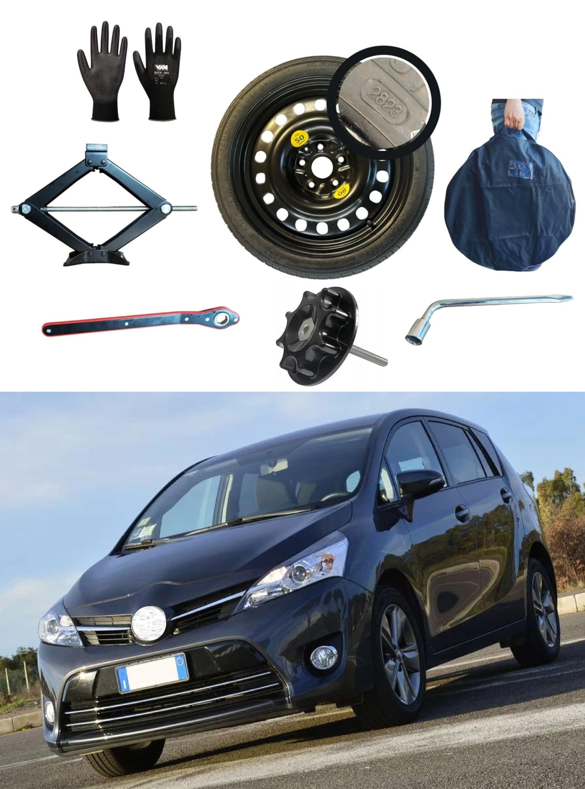 Kit de Rueda de Repuesto 17" compatible con Toyota Verso con Gata, Llave, Guantes, Tornillo y Funda125/80R17
