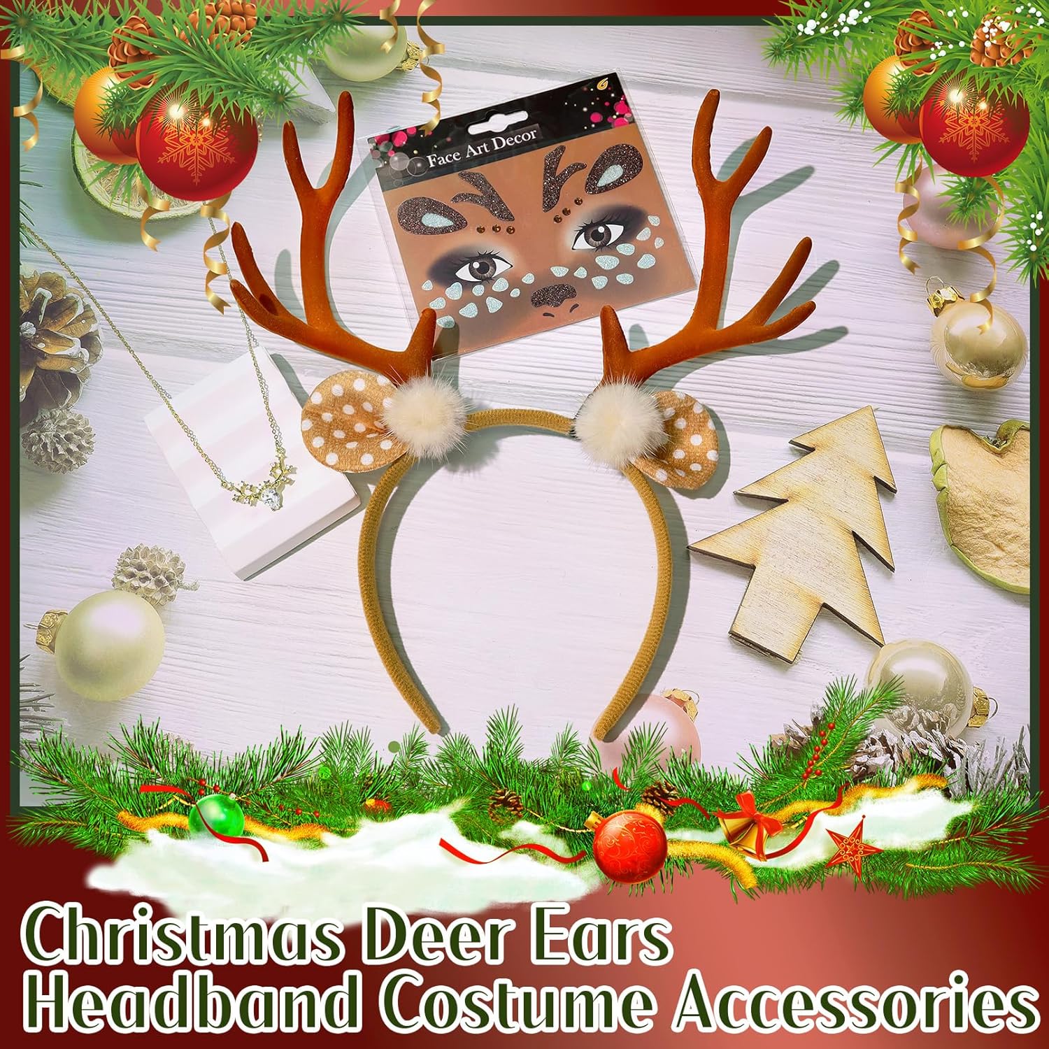 RechicGu 3 Women Halloween Christmas Reindeer Deer Ears Headband Costume Accessories Antlers Horn Necklace Face Sticker Set - Image 7