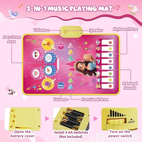 Miniatura 6 de Piano Mat - Juguetes para bebés y niñas, 3 en 1, tambor de piano para niños, tapete de juego musical para niños de 12 a 36 meses, regalos de