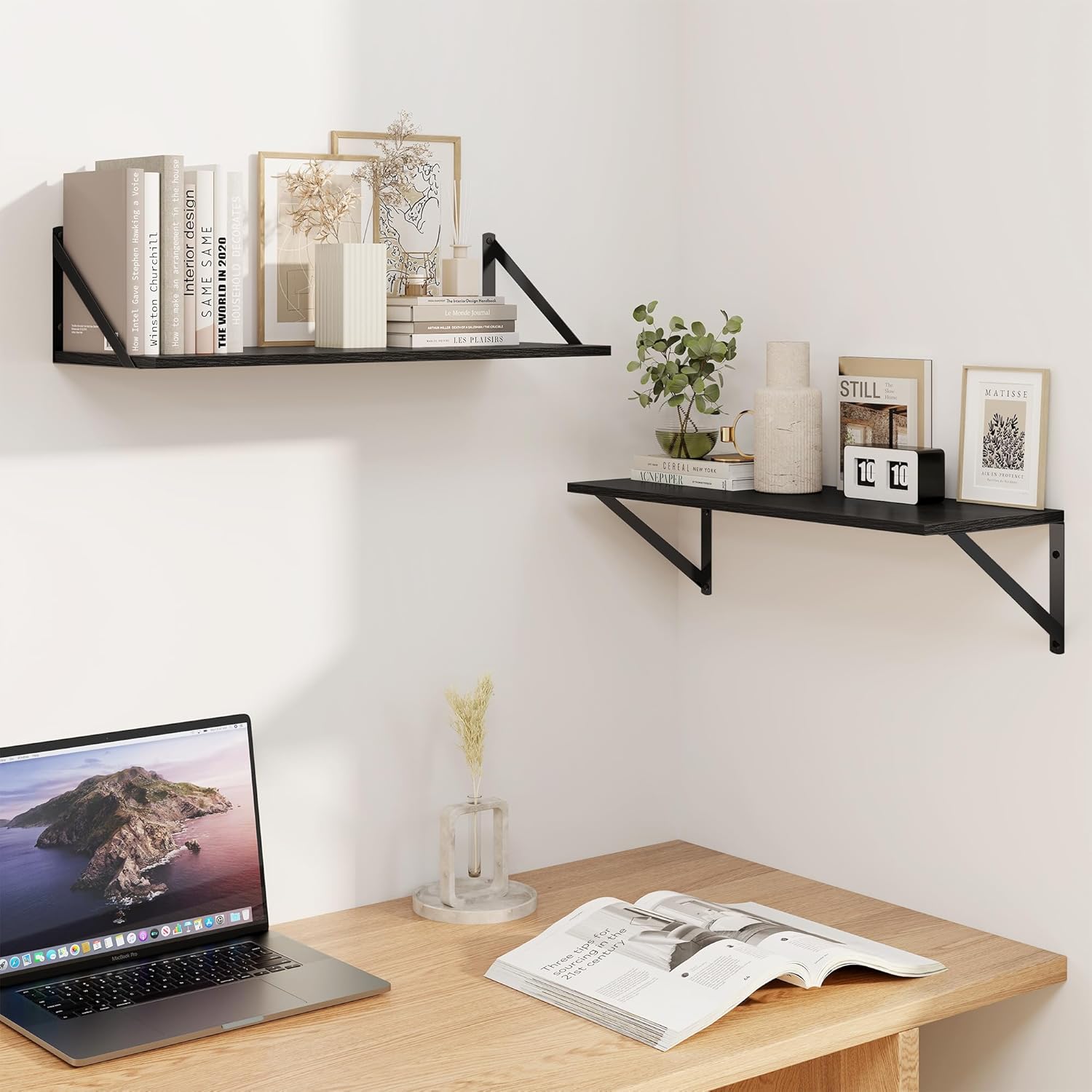 heimlove black deep floating shelves for wall, 24w x 8d wood wall shelves set of 2, wide floating bookshelf for living room, kitchen, office, bedroom and decor storage, with metal bracket - black 24wx8dx4.9h, set of 2 black
