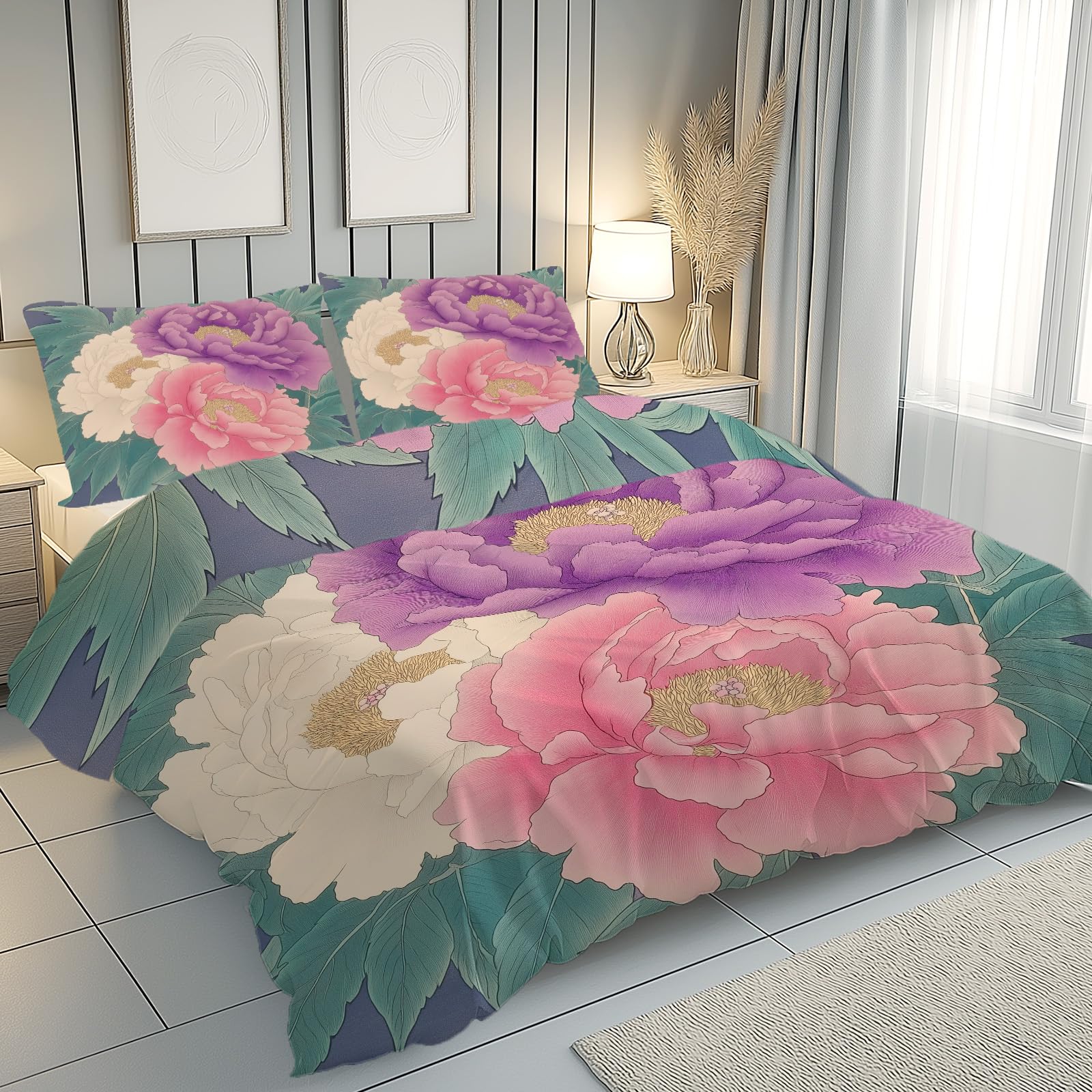 Housse de couette réversible pivoines 3 pièces pour un lit douillet