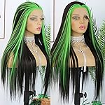 ANDRIA Straight Glueless Lace Wigs Synthetic Long Silk Straight Natural Wig Heat Resistant Fiber Black and Green Skunk Stripe Colorful Wig With Baby Hair For Black Women 24 Inches