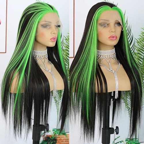 ANDRIA 13x4 Lace Front Wigs 200% Density Lace Front Wig Pre Plucked Glueless Wigs Natural Straight Synthetic 13x4 HD Lace Frontal Wigs for Black Women 26 Inch (Black and Green Skunk Stripe) - 26 Inch - Green Highlights
