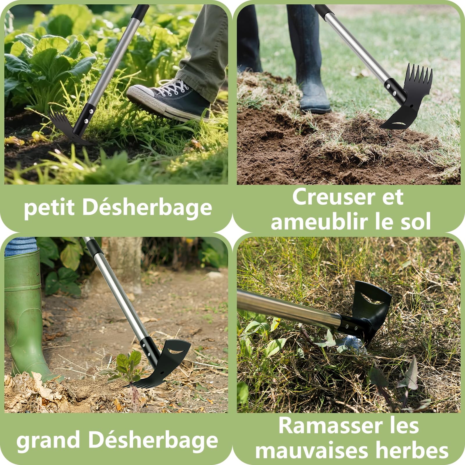 Mitclear Binette Jardinage avec Manche Long(148cm), Outils de Jardin avec Binette et Râteau de Désherbage, Desherbeur Manuel, Houe de Jardin avec 6 Griffes pour Ameublir, Aérer et Désherber Le Sol