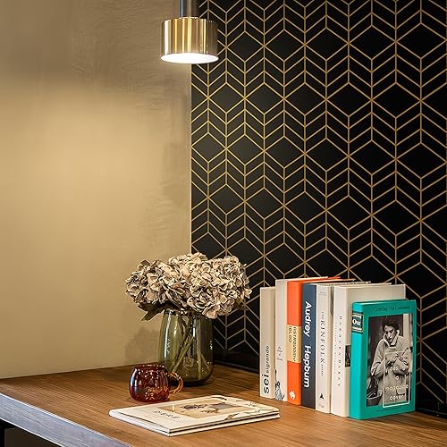 Miniatura 2 de Papel tapiz geométrico para despegar y pegar, papel de contacto hexagonal geométrico para gabinetes, papel tapiz negro y dorado para baño,
