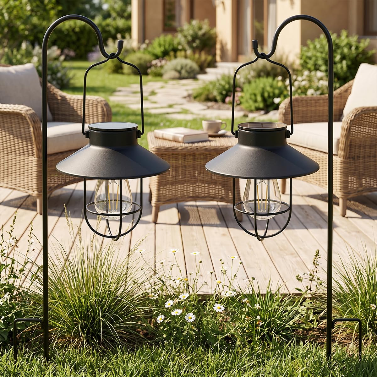 Lanterna nera olare, da appendere, da giardino, con lampadina Edison, confezione da 2 pezzi, include gancio da pastore, regalo ideale per donne, mamma, nonna, esterni, per cortile, patio, cortile