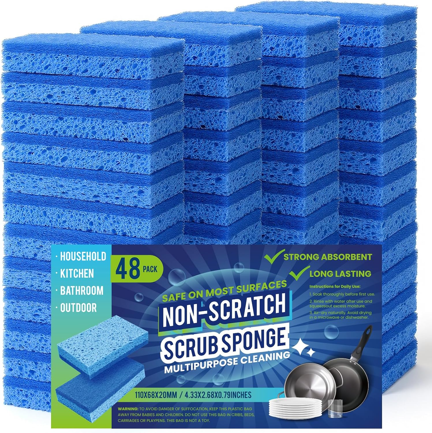 Metflavor Kitchen Sponges, 48 Count, Non-Scratch Scrub Sponge, Dual Sided Cleaning Sponges for Dishes, Kitchen, Bathroom