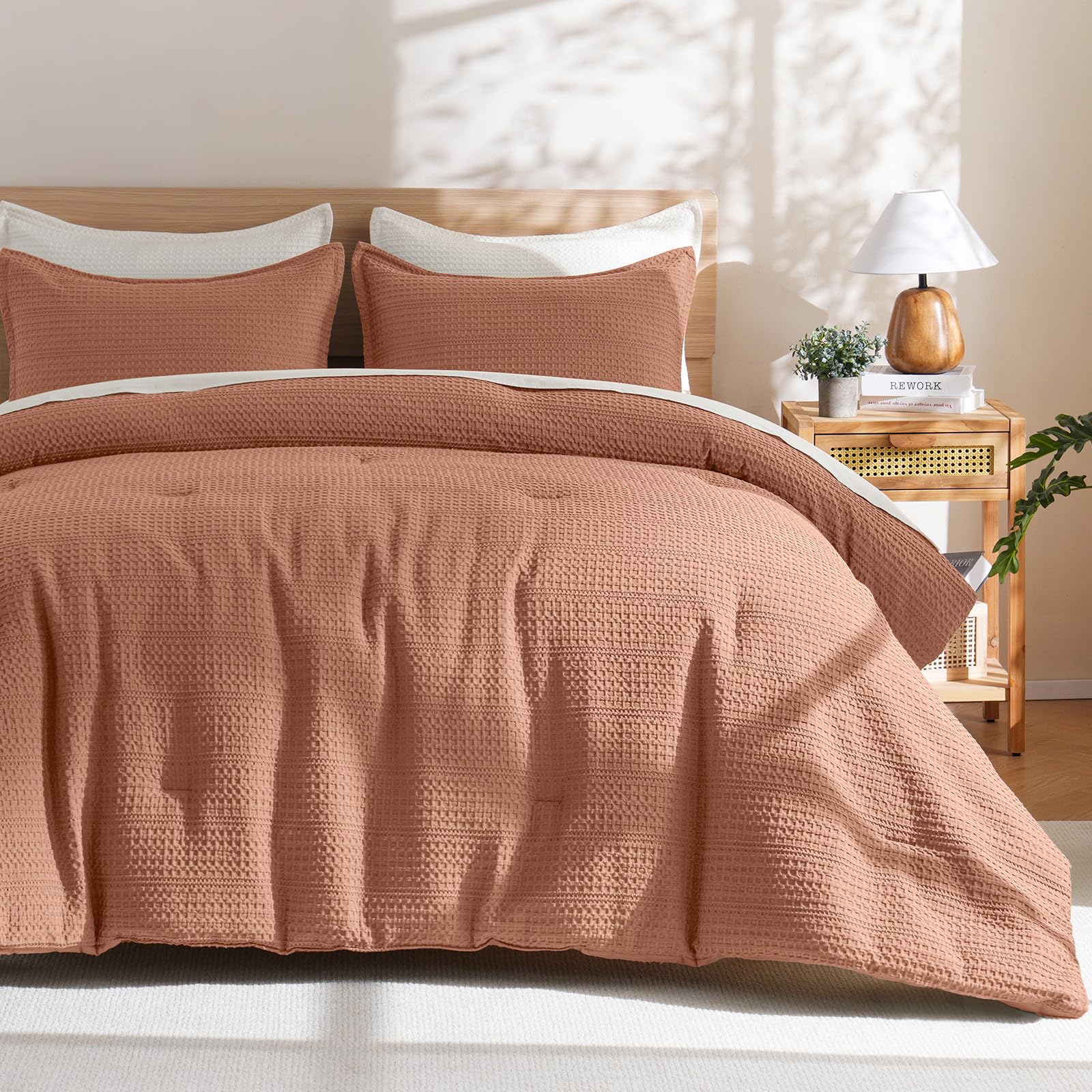 phf soft waffle comforter set king size- comfy breathable waffle weave comforter with 2 pillow shams, 3 pieces less snagging lightweight textured bedding set for all season, terra cotta