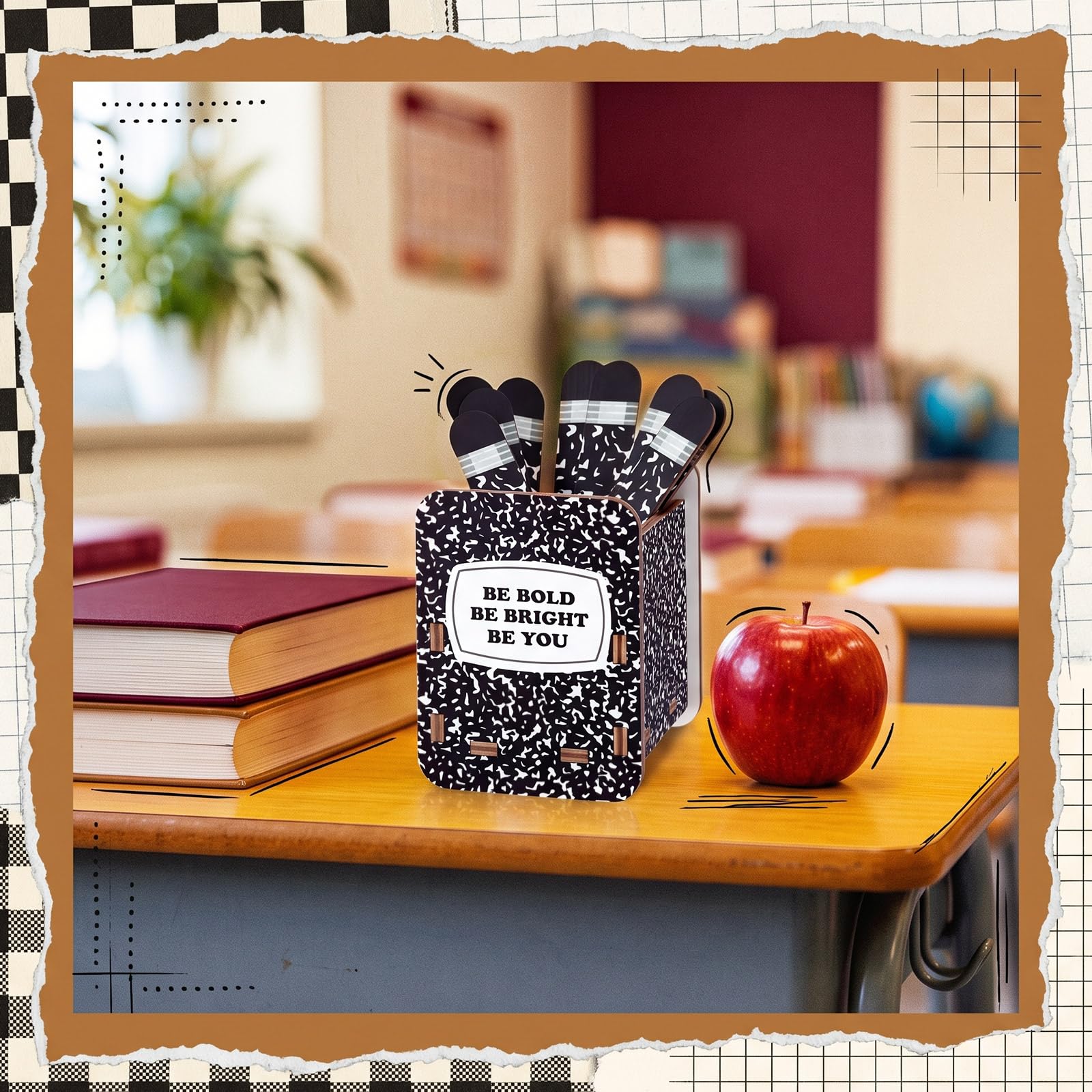 Ireer Lot de 101 bâtons de nom à rabat pour la rentrée scolaire avec gobelet de rangement pour la gestion de la salle de classe, comprend 1 boîte de support en bois et 100 étiquettes de nom