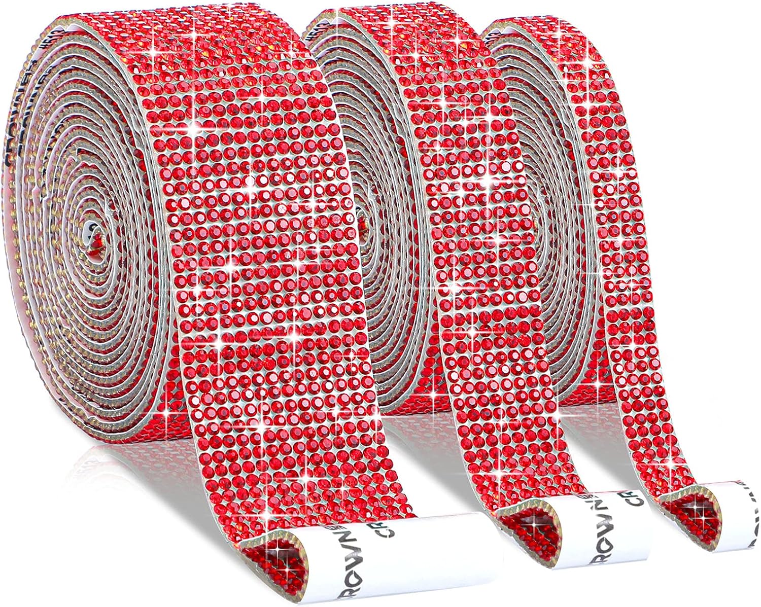3 Rolls Crystal Ribbon Rhinestone Ribbon Self-Adhesive Diamond Ribbon Wrap Roll DIY Bling Sticker with 2 mm Rhinestones for Arts Crafts, DIY Event Car Phone Decoration (Red,6.6 Yards)